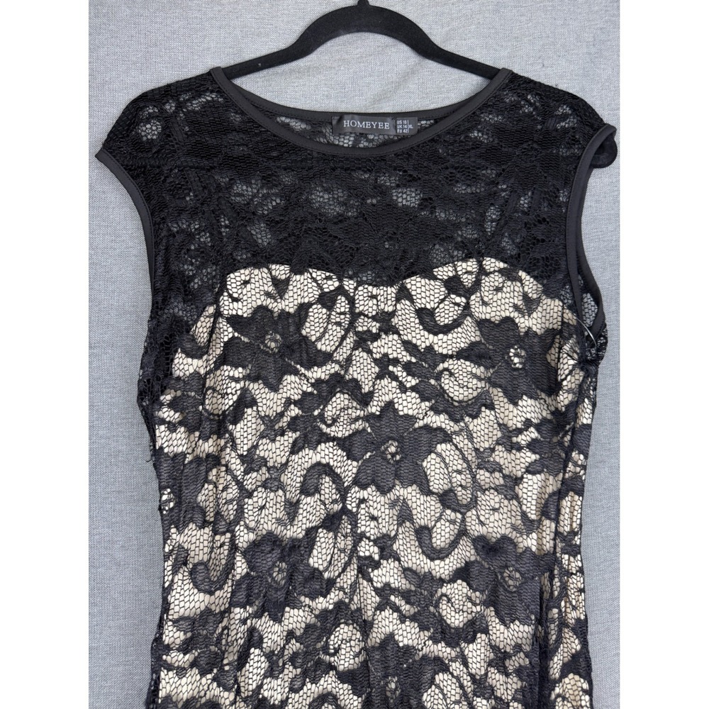HOMEYEE Black Floral Lace Sheath Dress Cap Sleeve Cocktail Sz 10 Bodycon Y2K 90s - Picture 3 of 5